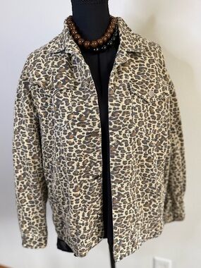 Leopard Print Denim Jacket Small Neutral Animal Print Button Front